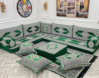 L shaped living room cozy floor seating sofa for lounging, arabic sofa set, floor cushion, ottoman couch, moroccan living room home decor