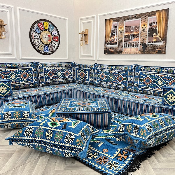 Arabisches Sofa 8-Zoll-L-förmiges Wohnzimmer Sofa Set, blaues ethnisches Bodenkissen, Bodensitzsofa, arabisches Majlis, Schnittsofa,Osman Couch