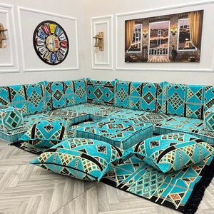 L Shaped Turquoise Arabic Sofa Floor Seating Set, Living Room Sofa Set, Ottoman Couch, Floor Cushion Couch, Sectional Sofas, Arabic Majlis