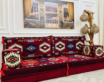 Maroon Color Moroccan Floor Couch: 8-inch Thick Boho Sofa Seating, Home Decor