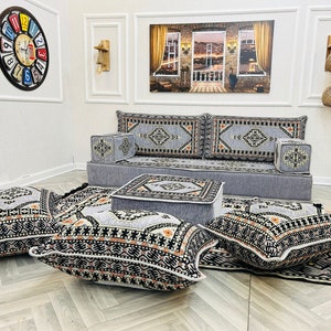 8 inch Thick Arabic Seating Set: Modular Sofa, Cushions & Rug, Floor Couch