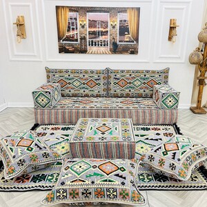 8 inch Thick Boho Floor Sofa Set: Moroccan Living Room Couch, Pillows & Rug