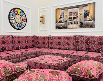 8" Thick L-Shape Arabic Majlis Floor Seating Set, Ottoman Style Sofa, Low Profile Sofa
