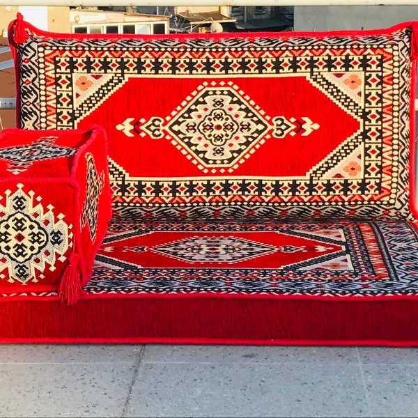 Palace Red Single Arabic Sofa Floor Seating, Bohemian Balcony Futon Couch, Soft Floor Chair, Arabic Style Floor Pillow, Small Floor Cushion