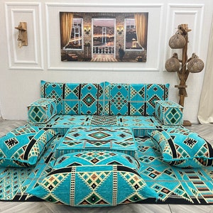 Turquoise Arabic Floor Seating Set: Ottoman Couch, Rug & Pillows