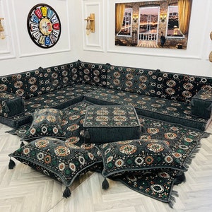 Arabic Sofa L Shaped Floor Cushion Seating Set, Floor Cushion Couch, Living Room Home Decor, Ottoman Couch, Ethnic Floor Sofa Set, Jalsa