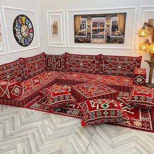 Red L-Shaped Arabic Floor Sofa Set: Ottoman Couch & Rug, Moroccan Home Decor