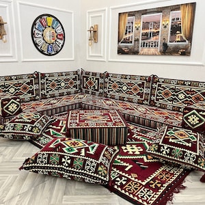 L Shaped Maroon Arabic Sofa Floor Cushion Seating Set, Living Room Sofa, Ottoman Couch, Floor Cushion Couch, Arabic Majlis, Sectional Sofas L SHAPED ALL SET
