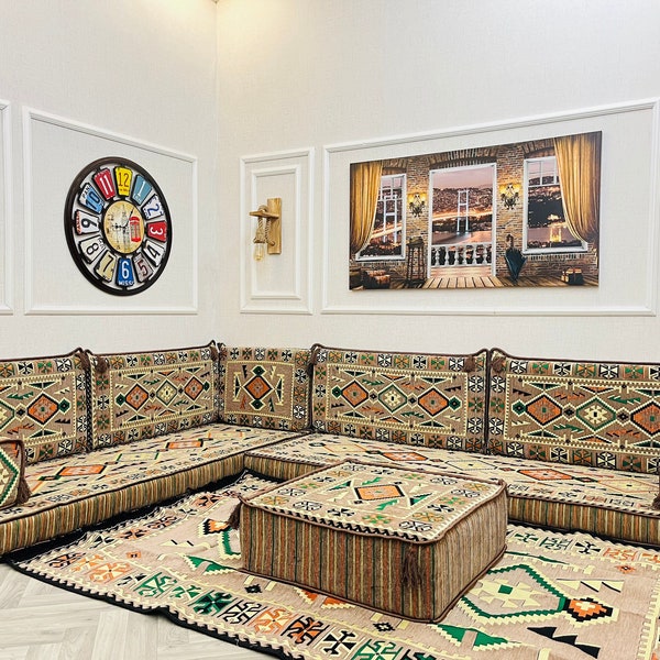 Arabic Sofa L Shaped Floor Cushion Seating Set, Living Room Home Decor, Ottoman Couch, Floor Cushion Couch, Corner Sofa Set,  Arabic Majlis