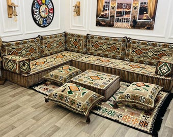 L-Shaped Arabic Majlis Anatolian Kilim Floor Sofa, Traditional Turkish Floor Seating, Oriental Corner Cushions