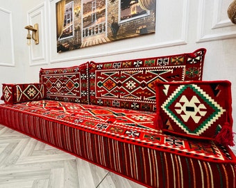 Red Arabic Floor Sofa Set: 8-inch Thick Living Room Cushion Seating, Home Decor