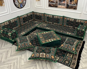 L Shaped Diamond Green Arabic Sofa Set , Living Room Floor Sofa Set, Ottoman Couch, Floor Cushion Couch, Arabic Majlis, Corner Sofa Couch