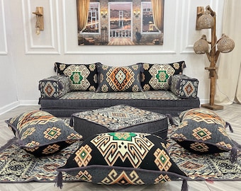 8'' Thick Handcrafted Anatolian Living Room Floor Seating Arabic Sofa Couch, Arabic Majlis, Sectional Sofa,Floor Sofas and Couches & Ottoman