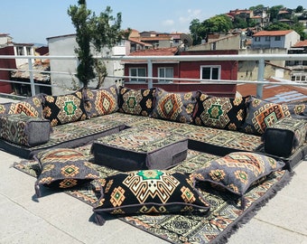L Shaped Arabic Majlis Floor Seating Set: Boho Corner Sofa, Rug & Pillows