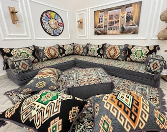 8'' THICK L Shaped Arabic Living Room Floor Seating Sofa Set ,Ethnic Home Decor ,Floor Sofa Set, Traditional Turkish Pillow, Floor Cushion