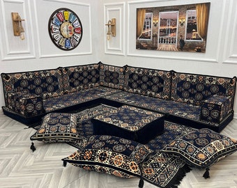 L-förmiges Arabisches Sofa Bodenkissen Sitzset, Wohnzimmer Wohnkultur, Ottoman Couch, Bodenkissen Couch, Arabisch Majlis, Ecksofa Set