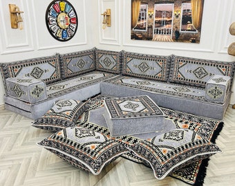 Ensemble de sièges de salon de style arabe en forme de L de 20 cm (8 po.) d'épaisseur, canapé d'assise au sol, majlis arabe, canapé modulable, coussin de sol, canapé ottoman