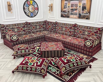 L-Shaped Arabic Floor Sofa Set: Boho Majlis Living Room Seating- 8 inch Thick