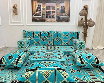 Turquoise Arabic Sofa Living Room Floor Seating Sets, Floor Sofa Set , Ottoman Couch and Pillows, Floor Cushion Couch, Sectional Sofa Couch