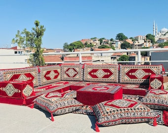 Burgundy L Shaped Stylish Arabic Majlis Sofa Set, Sectional Sofa Couch, Terrace & Pallet Cushions, Boho Couches, Floor Seating Couch Cushion