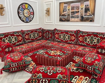 L shaped arabic living room sofa set, cozy floor seating sofa for lounging,  floor cushion, ottoman couch, moroccan living room sofa set