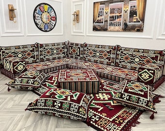 L Shaped Maroon Arabic Sofa Floor Cushion Seating Set, Living Room Sofa, Ottoman Couch, Floor Cushion Couch, Arabic Majlis, Sectional Sofas