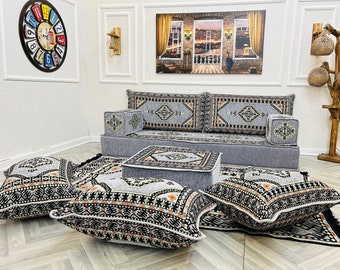 8 Zoll dickes arabisches Sofa Boden Sitzset, Boden Sofa, modulares Sofa, traditionelles Sofa, Bodenkissen Couch, Ottoman Couch Kissen & Teppich