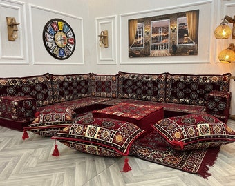 Royal Maroon L-förmiges stilvolles Wohnzimmer gemütliches arabisches Ecksofa-Bodensitzcouch, modulares Bodenbestuhlungssofa-Set, Wohnzimmermöbel