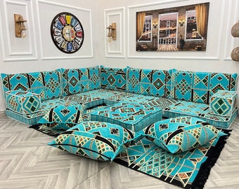 Ensemble de sièges au sol pour canapé arabe turquoise en forme de L, Ensemble de canapé de salon, Canapé ottoman, Canapé coussin de sol, Canapés sectionnels, Majlis arabe