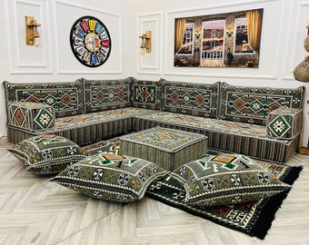 8 Zoll dickes dunkelgraues L-förmiges modulares arabisches Sofa-Wohnzimmer-Set, Bodensitzsofa, Schnittsofa, Bodenkissen, Ottomane Couch & Teppich