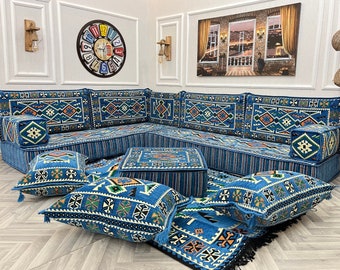 Arabic Sofa 8 inch L Shaped Living Room Sofa Set, Blue Ethnic Floor Cushion, Floor Seating Sofa, Arabic Majlis, Sectional Sofa,Ottoman Couch