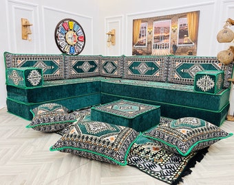 16-Zoll-dicke L-förmige smaragdgrüne arabische Sofa-Boden-Sitzset, Wohnzimmer-Sofa-Set, ethnische Bodenkissen, Bodensofa, Schnittsofa