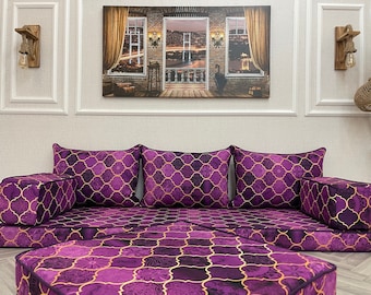 Canapé de siège de salon marocain violet foncé et or, ensemble de canapés arabes, canapé coussin de sol, housse de canapé sur mesure, coussin de sol