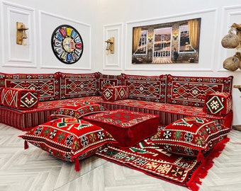 8 inch Thick L Shaped Red Arabic Sofa, Floor Seating Set, Anatolian Living Room, Home Decor, Floor Cushion, Floor Couch, Ottoman Couch & Rug