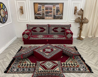 Gemütliche arabische Sofa-Bodensitzcouch, osmanischer Couchteppich, Bodensitzkissen, orientalisches Dekor, türkisches Bodensofa, Schnittsofa