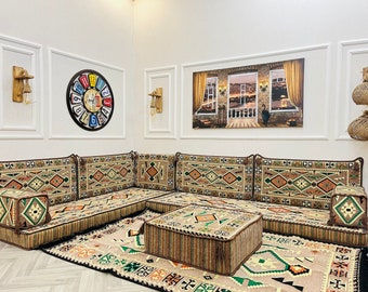 Arabic Sofa L Shaped Floor Cushion Seating Set, Living Room Home Decor, Ottoman Couch, Floor Cushion Couch, Corner Sofa Set,  Arabic Majlis