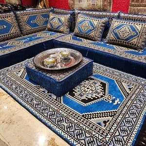 20 cm tjock L-formad blå arabisk Majlis golvsittplats, hörnsoffgrupp, ottomansk stil