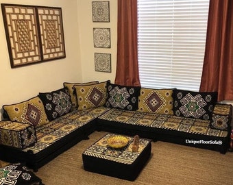8&#39;&#39; Thickness L Shaped Arabic Sofa Set, Floor Seating, Floor Couch Moroccan, Kilim Rug, Ottoman Couch, Living Room Furniture, Home Decor