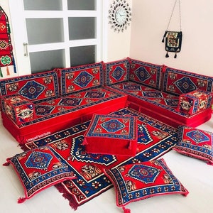 Moroccan Floor Sofa Set: Arabic Majlis, Ottoman, Rug & Cushions