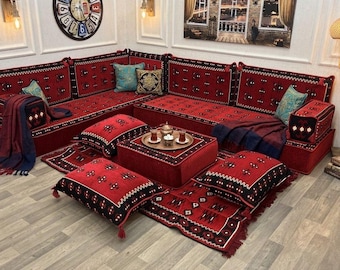 L Shaped Turkish Corner Floor Seating Set, Red Arabic Majlis Sofa, Traditional Floor Cushions