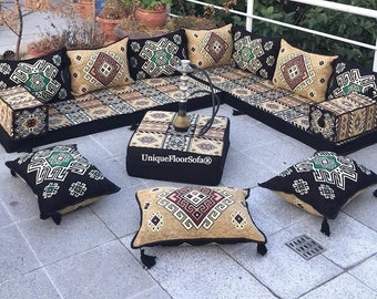 L Shaped Arabic Floor Sofa Set: Moroccan Majlis, Ottoman Couch & Rug