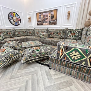8'' Thick Anatolian U Shaped Arabic Living Room Sofa Set Lux, Floor Seating, Boho Couches ,Sectional Sofa, Arabic Majlis Sofa, Floor Cushion image 2