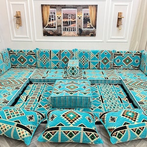 Authentic Turquoise U Shaped Arabic Sofa Living Room Floor Seating Set,Floor Couch, Arabic Majlis, Turkish Floor Sofa Set, Ottoman Couch Rug