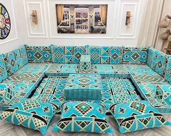 Authentique ensemble de sièges au sol pour canapé arabe en forme de U turquoise, canapé de sol, majlis arabe, ensemble de canapé de sol turc, tapis de canapé ottoman