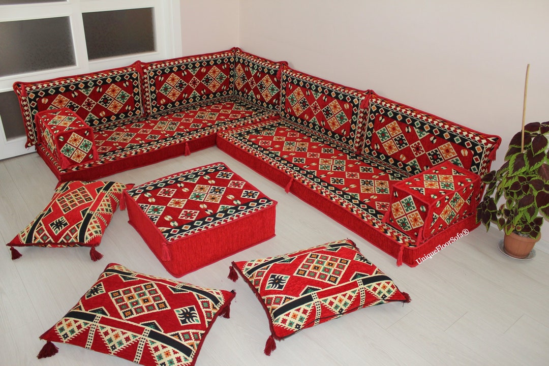 L Shaped Arabic Sofa Floor Seating Set,red Floor Cushions,traditional