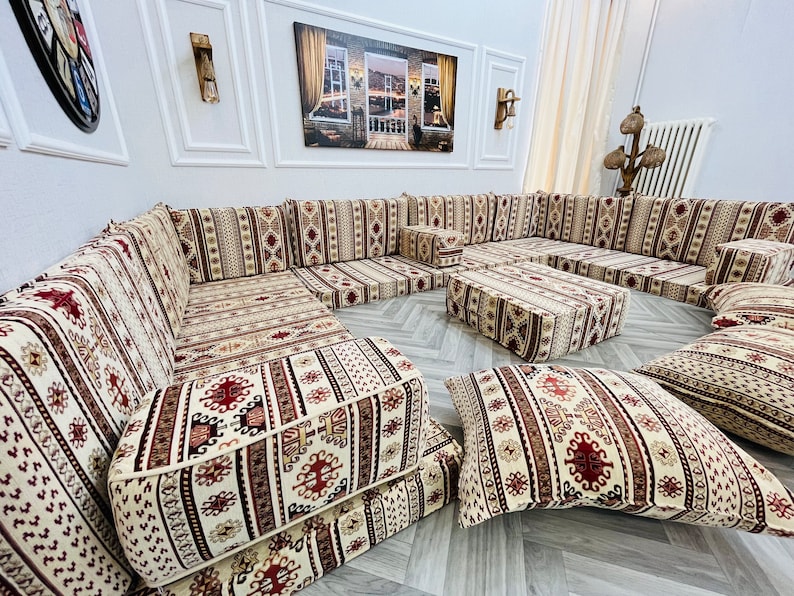 U Shaped Arabic Sofa Floor Seating Set, Boho Living Room Decor, Arabic Sofa Set, Floor Cushions, Sectional Sofa, Floor Couch, Arabic Majlis image 3