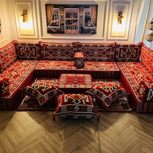 8&#39;&#39; Red Anatolian U Shaped Modular Arabic Living Room Sofa Floor Seating Set ,Floor Couch, Floor Cushion , Arabic Majlis, Sectional Sofa Set
