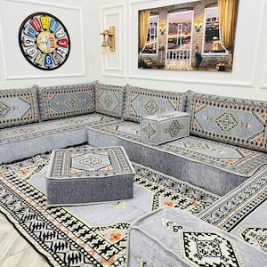 Ensemble de sièges au sol pour canapé de salon arabe modulaire en forme de U de 8 po., canapés de sol bohèmes, canapé sectionnel, canapé majlis arabe, coussin de sol U Set + Ottoman&Rug