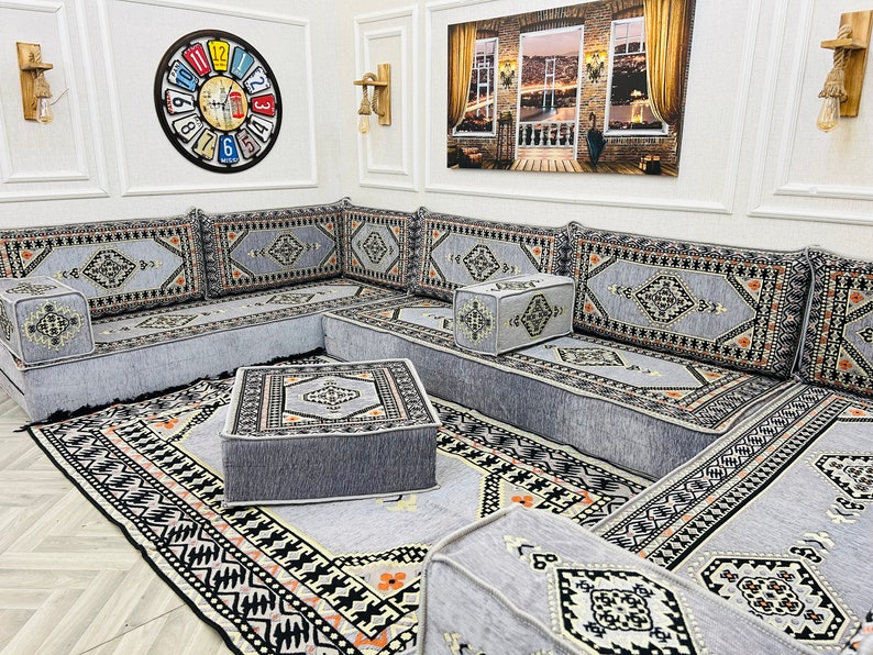 8'' Thick Modular U Shaped Arabic Living Room Sofa Floor Seating Set ,Boho Floor Couches ,Sectional Sofa, Arabic Majlis Sofa, Floor Cushion U Set + Ottoman&Rug
