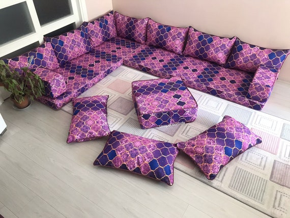 Moroccan Home Decor Floor Couch With Floor Pillows and Ottoman